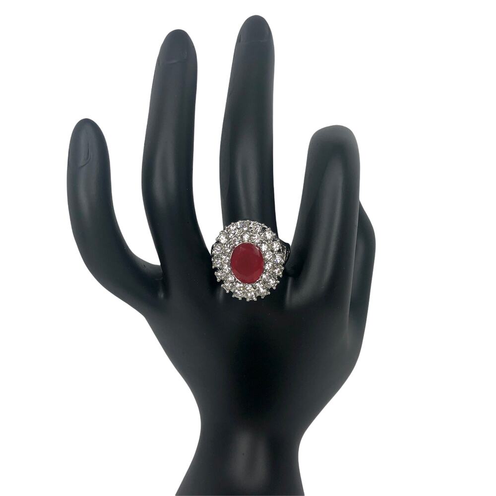 Silver and Red Rhinestone Statement Ring - Size 8.5 - Picture 2 of 6